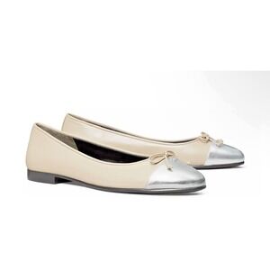 Tory Burch Women Size 6.5M Cap Toe Ballet Flats Oyster Silver Goat Leather